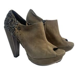 Sam Edelman Womens Sz 8 Taupe Suede Peep Toe Ankle Booties Beaded Heels Boots